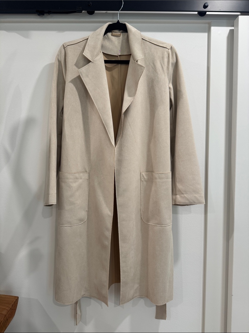 T Tahari Light Beige Faux Suede Trench Coat